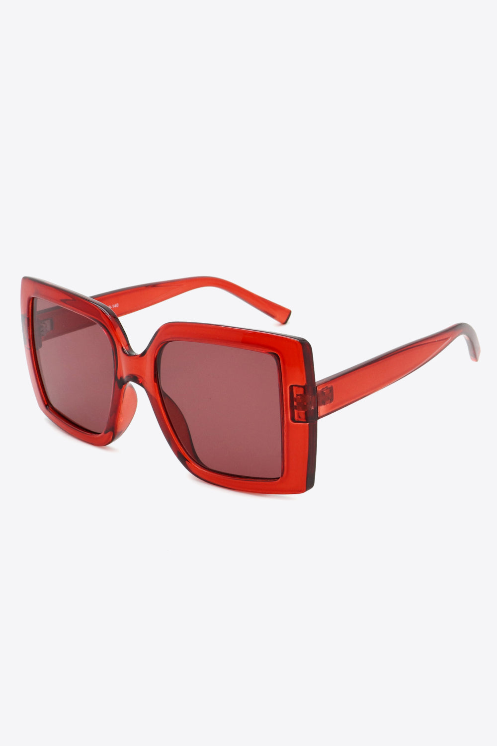 Crimson acetate rectangular sunglasses with dark lenses and thick frames.