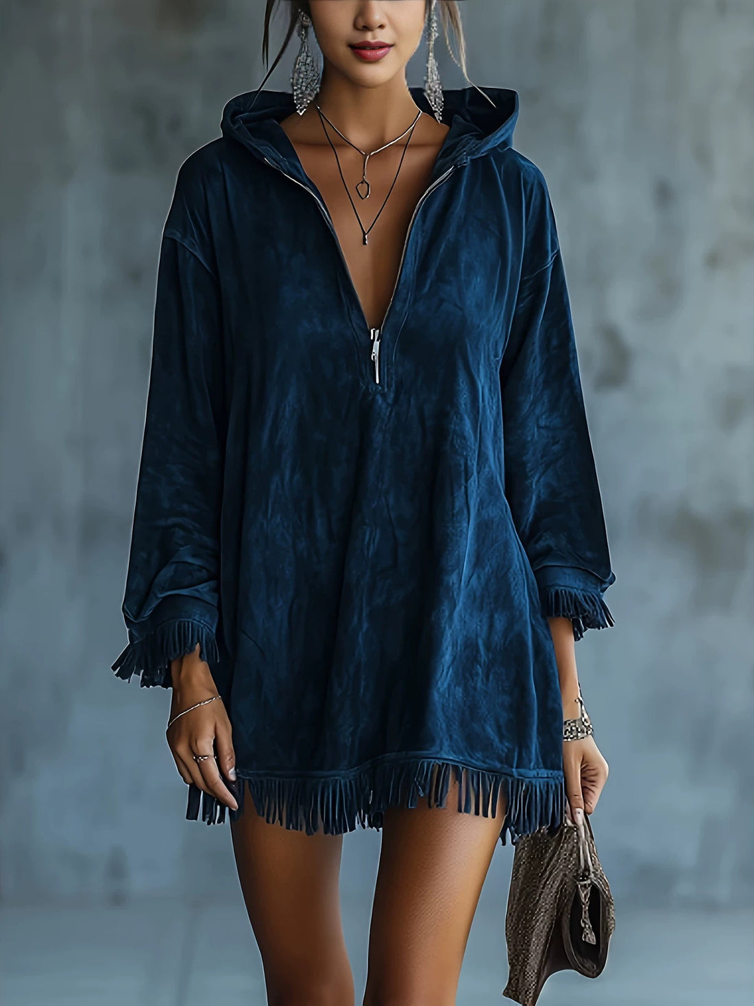 Dark Blue mini dress with zipper and long sleeve