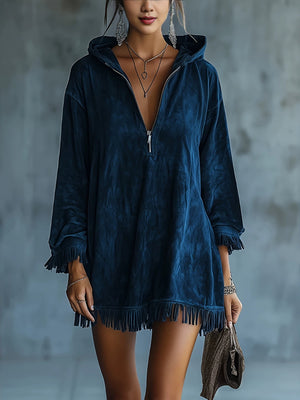 Dark Blue mini dress with zipper and long sleeve