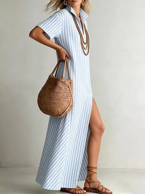 Green Full Size Striped Maxi Dress With Side Slit