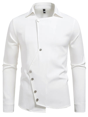 Men's white long sleeve shirt with asymmetrical button detail and classic collar.