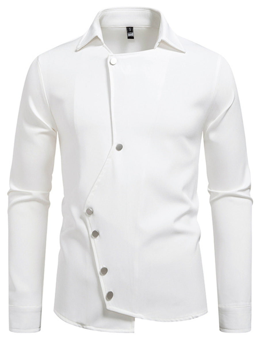 Men's white long sleeve shirt with asymmetrical button detail and classic collar.