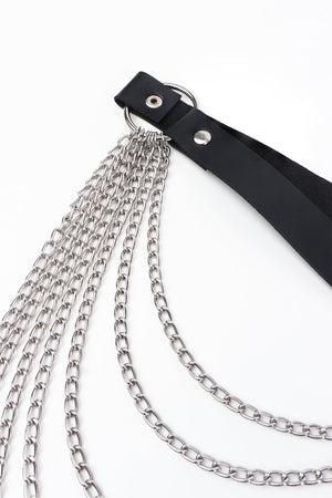 Black leather belt with multiple silver chain strands cascading down.
