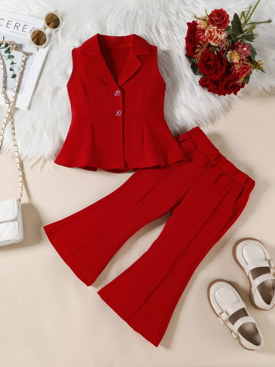 Red sleeveless blazer with peplum detail and flare pants set for babies.