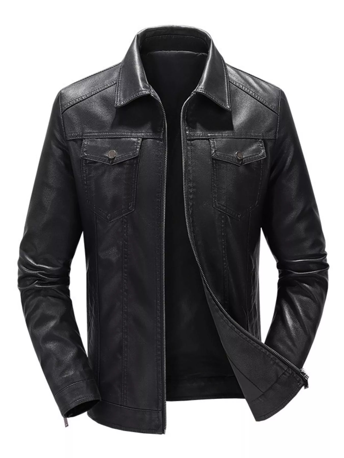 Black leather zip-up jacket with buttoned chest pockets and a pointed collar.