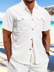 White textured resort shirt with patch pockets and buttoned front