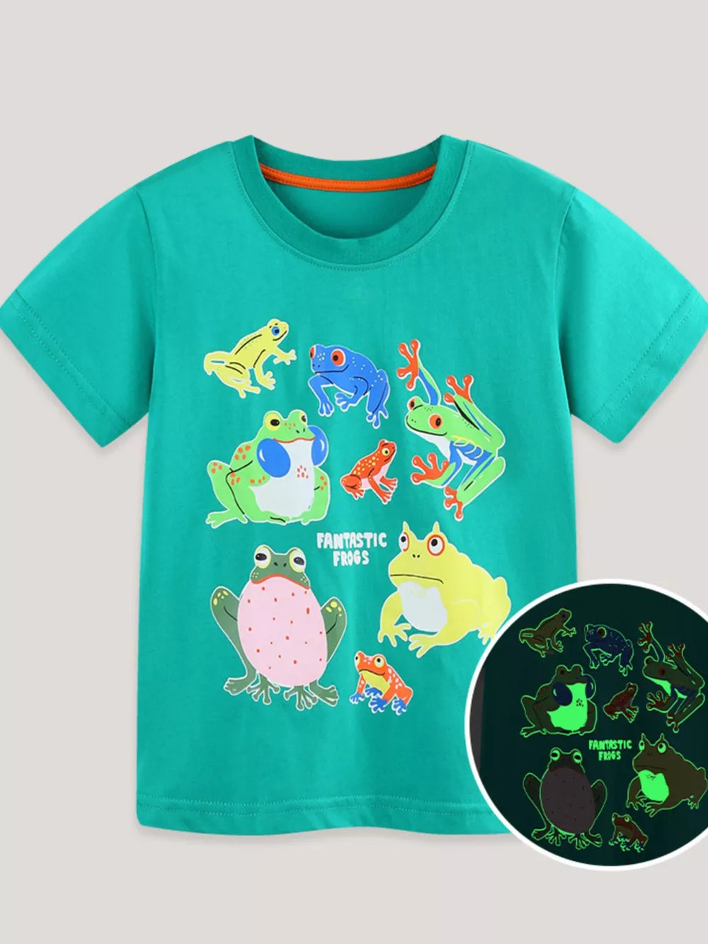 Toddler t-shirt with colorful frog print and glow-in-the-dark detail.