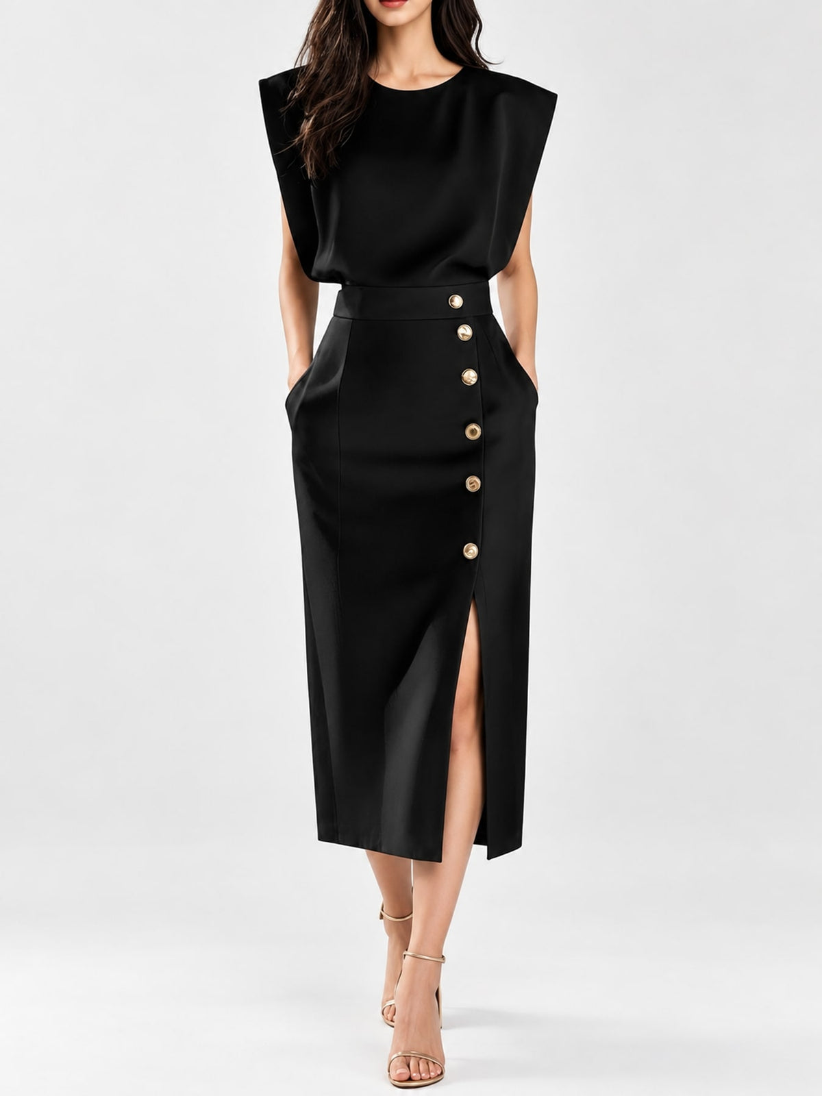 midi dress in black featuring side slit and bodycon fit