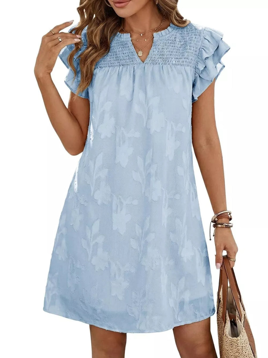 Sky blue floral embossed mini dress with ruffled sleeves and smocked neckline.