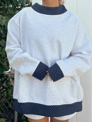 heather gray sweatshirt with polka dot and crew neck