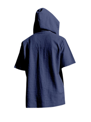 Navy blue short sleeve hooded t-shirt with a relaxed fit.