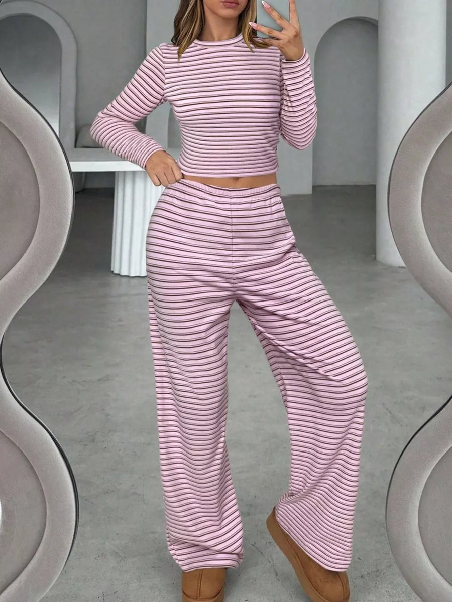 two-piece set in Pink with cropped and cropped top, full-length pants