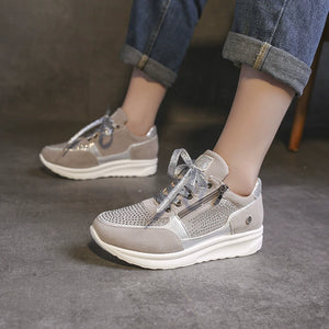 Khaki rhinestone embellished lace-up sneakers with side zipper and chunky sole.