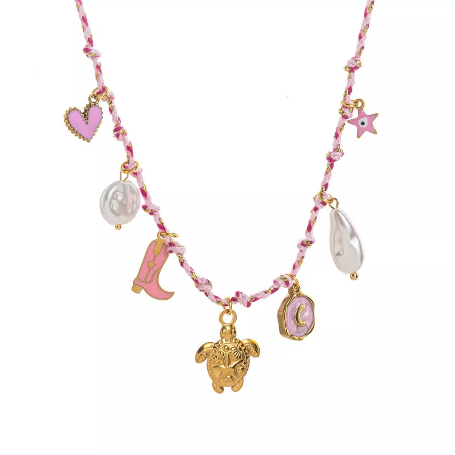 18k Gold-plated Stainless Steel Charm Necklace in Deep Red with charm details