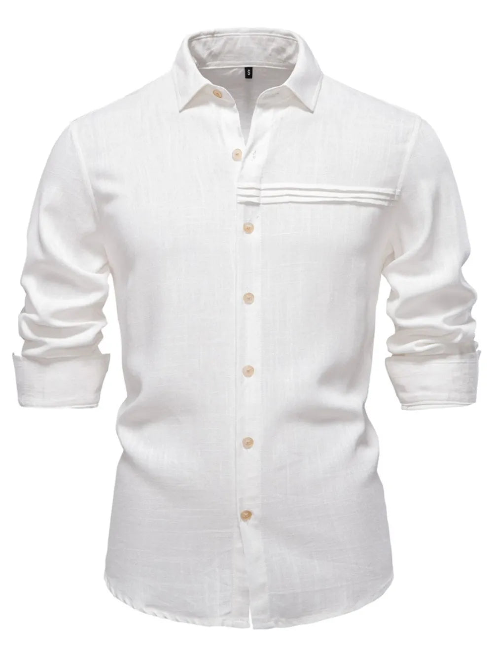 White linen button-up shirt with pleated pocket detail and rolled sleeves.