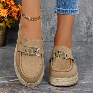 Chic brown round toe platform loafers with gold chain detail and espadrille sole.