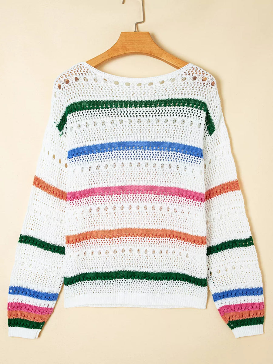 Color Block Striped Pointelle Knit Sweater option 6