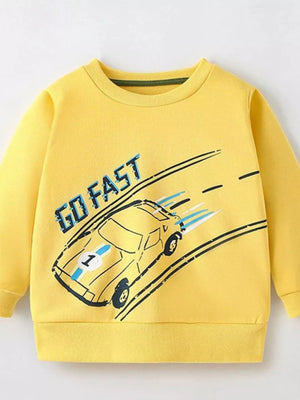 Kids' yellow cotton crew neck sweatshirt with a car print and GO FAST text.