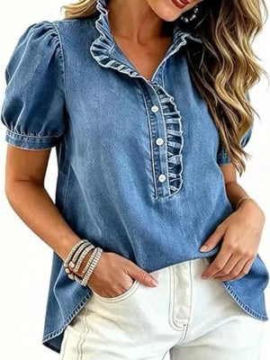 blouse in medium blue featuring buttoned and regular fit