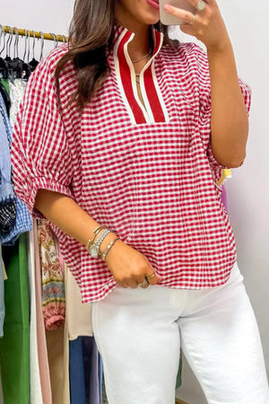 Strawberry gingham checkered half sleeve maternity overshirt with zip neck and contrast trim