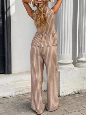 Chic striped two-piece set with peplum top and wide-leg pants in camel.