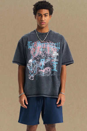 Acid wash black oversized graphic tee with a skeleton and distressed print.