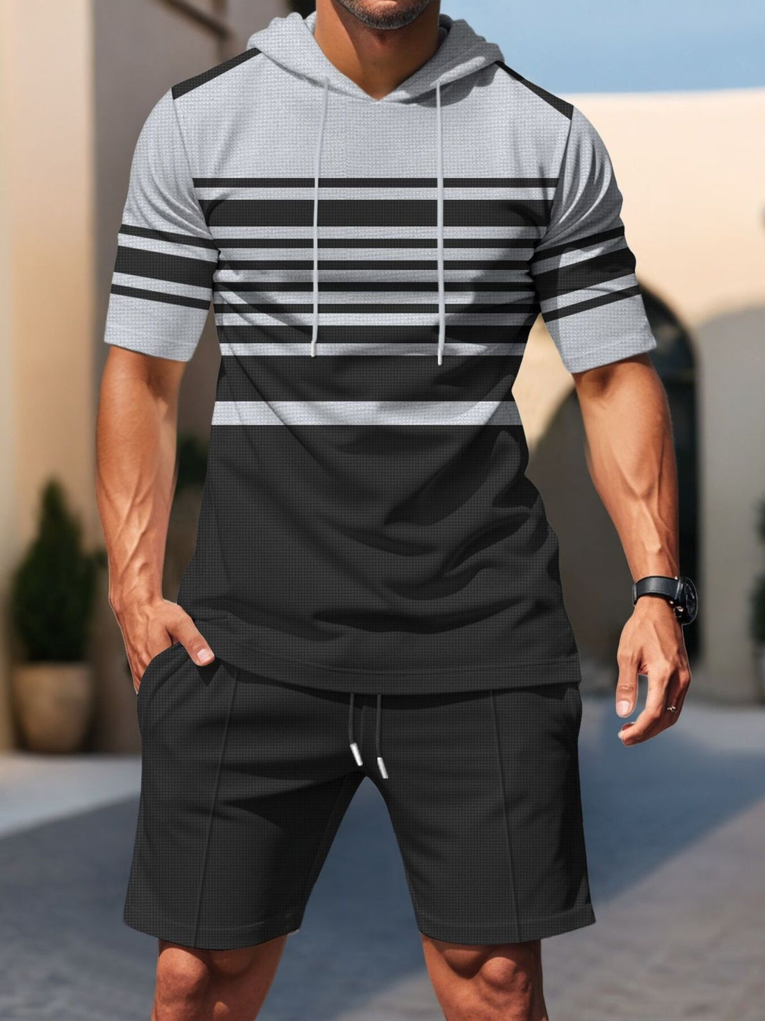 Black Men's Striped Short Sleeve Hoodie And Shorts Set