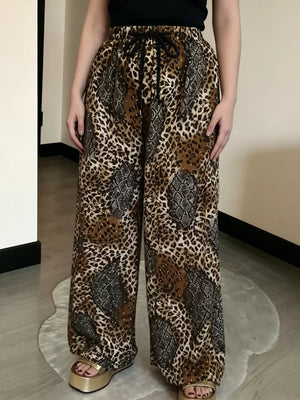 Black Leopard wide-leg pants with pocketed and N/A