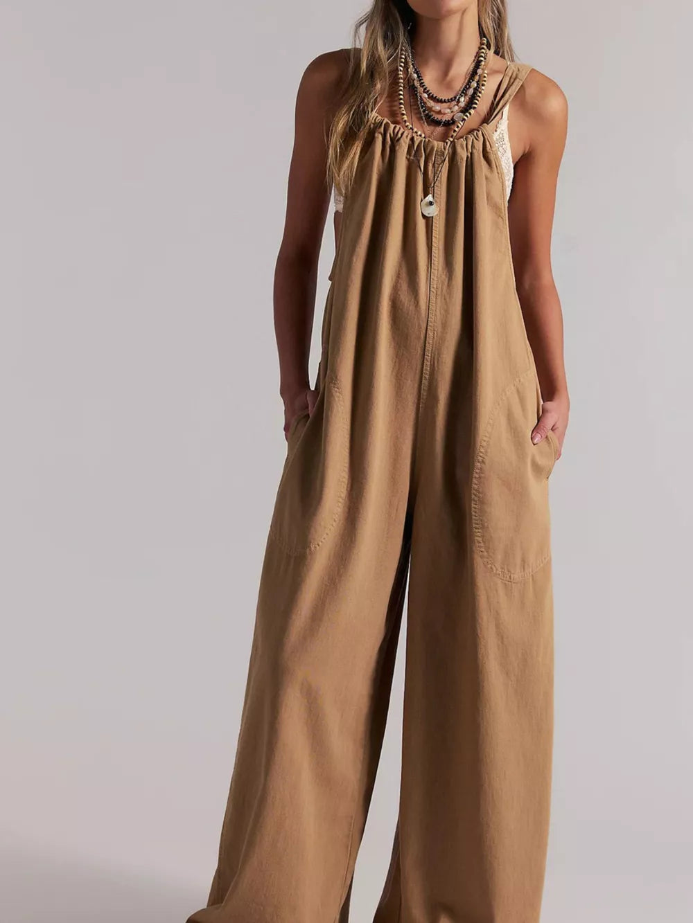 Sleeveless Wide-leg Jumpsuit in Orange with pocketed
