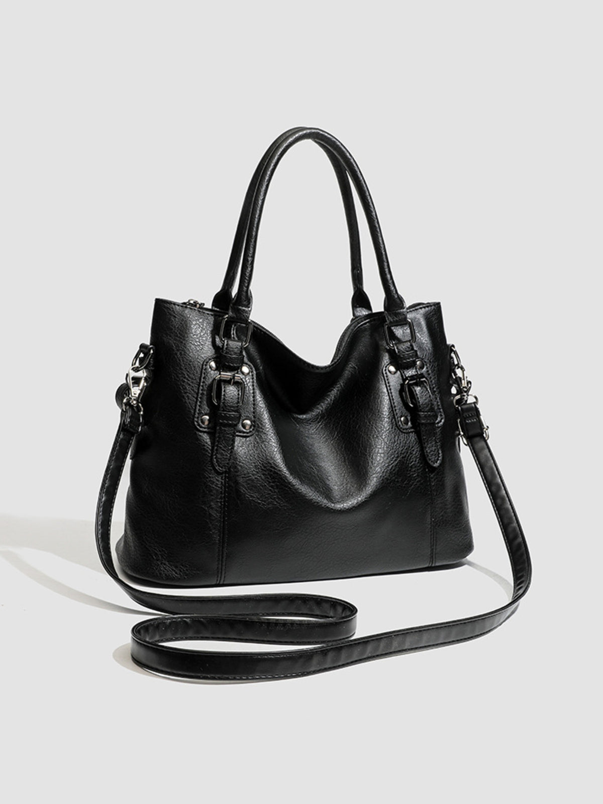 PU Leather Medium Handbag Tote Bag in black with top handles