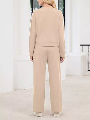 Striped Round Neck Sweatshirt And Pants Set in Black