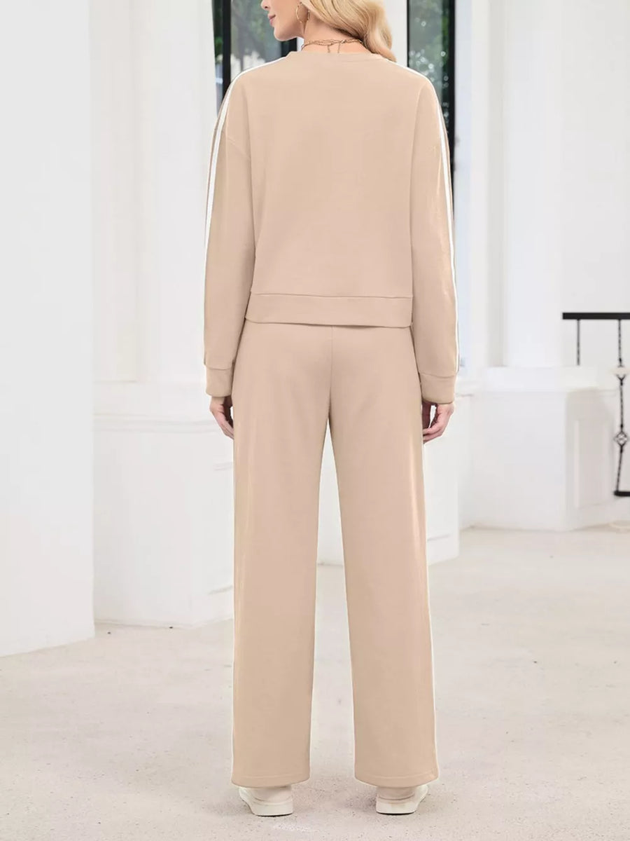 Striped Round Neck Sweatshirt And Pants Set in Black