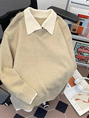Khaki v-neck sweater with contrast collar and ribbed hem
