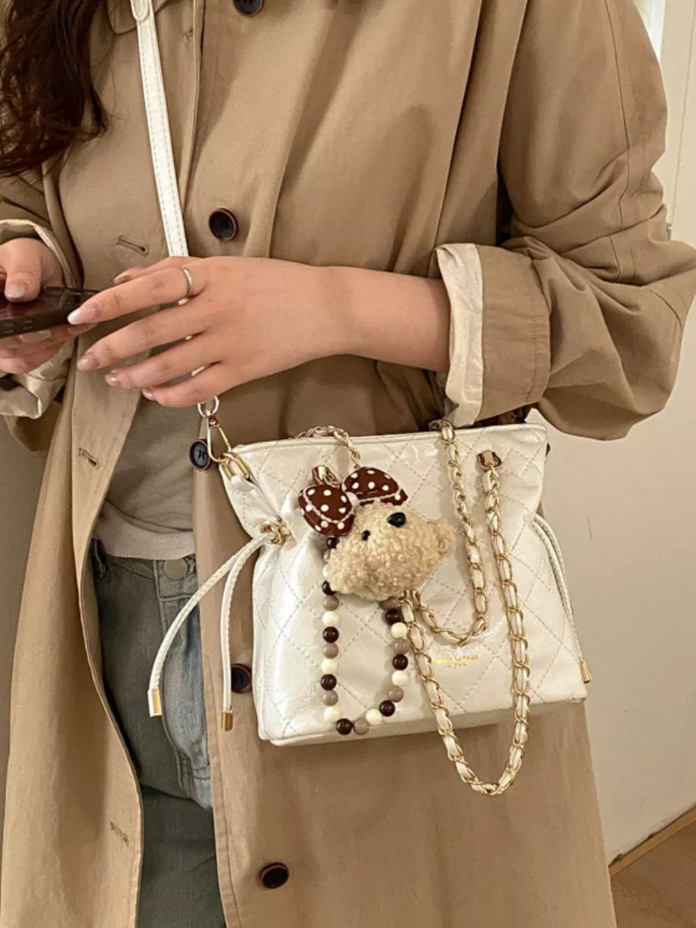 White with Pu Leather Crossbody Bag