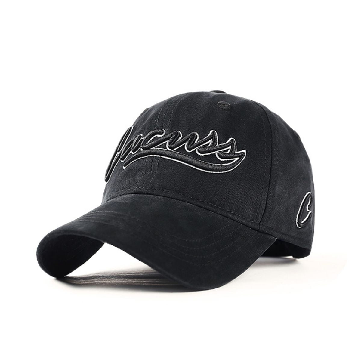 Black distressed cotton baseball cap with embroidered script logo and side detail