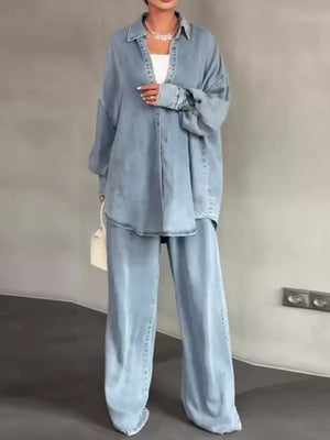 shirt and pants set in light blue featuring buttoned and relaxed fit