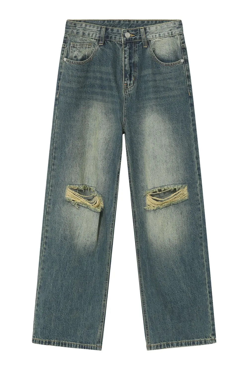 Distressed knee rip wide-leg jeans in medium wash cotton with a faded look.