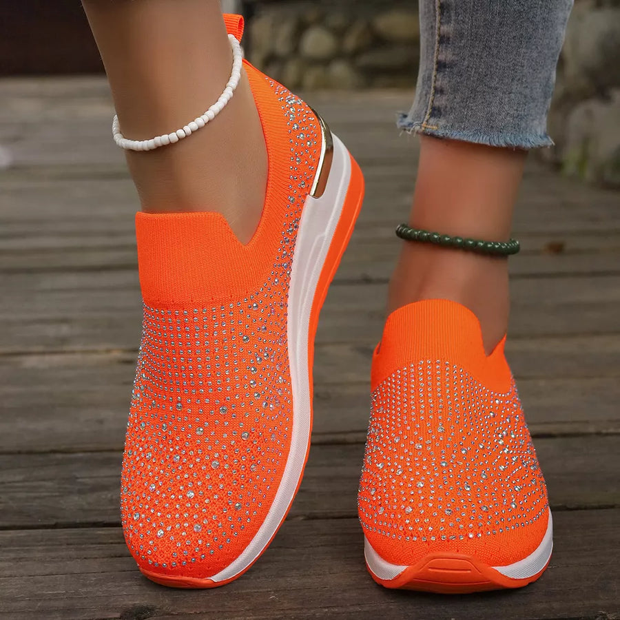 white sneakers with slip-on and rhinestone-embellished
