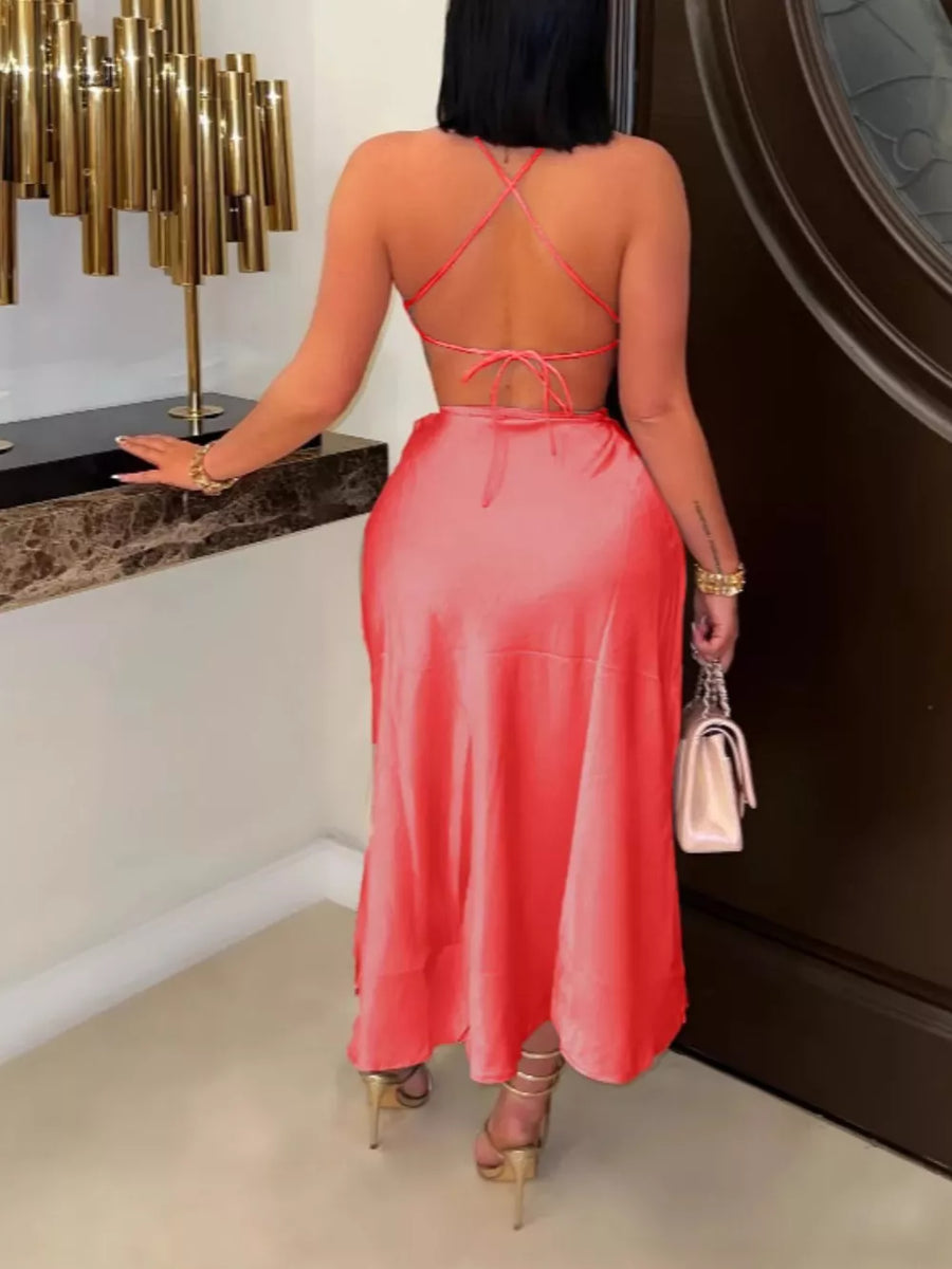 Watermelon Red Satin Halter Neck Crop Top And Wrap Skirt Set
