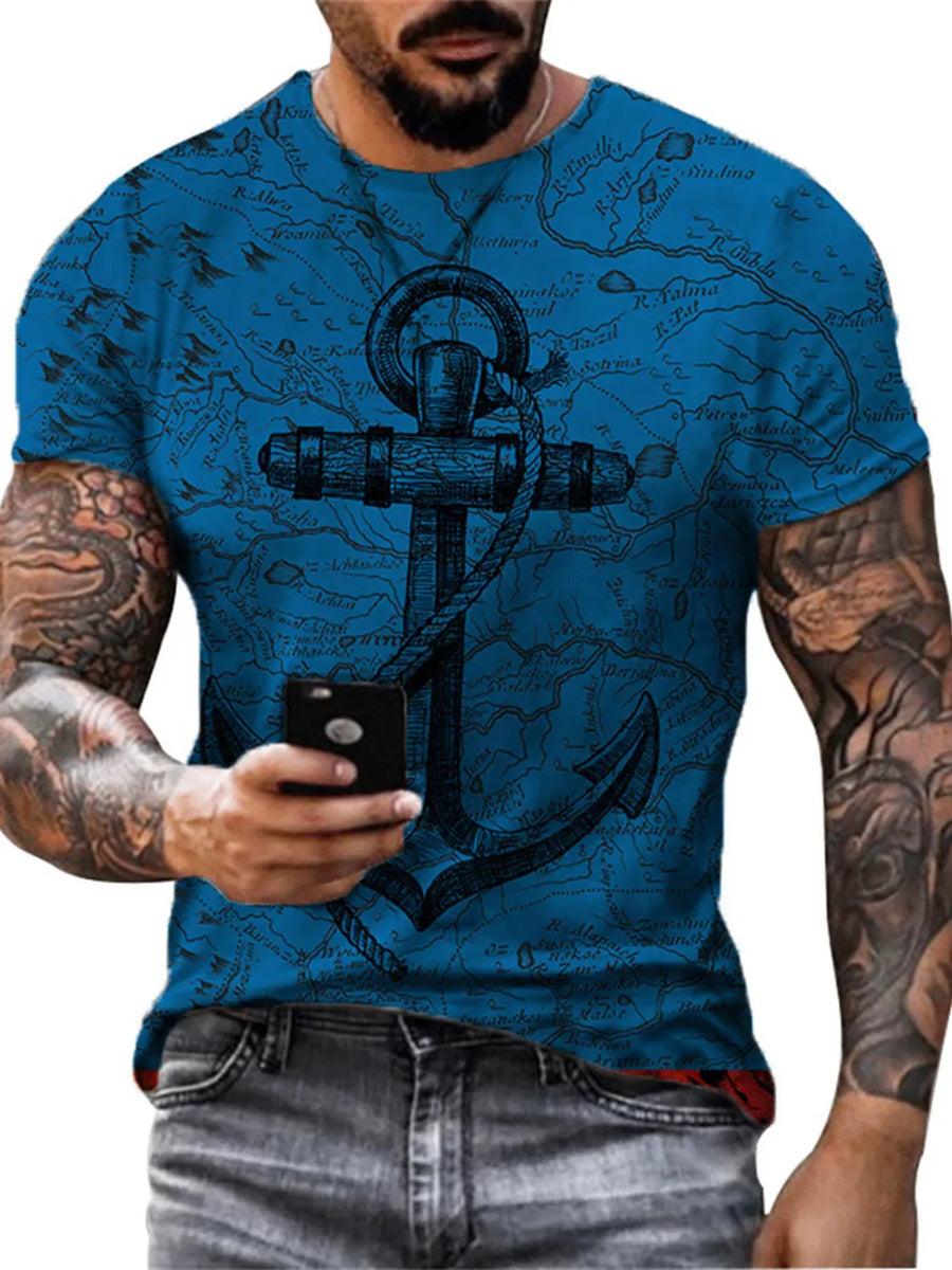 Royal Blue t-shirt with an artistic anchor and map graphic, crew neck, short sleeves.