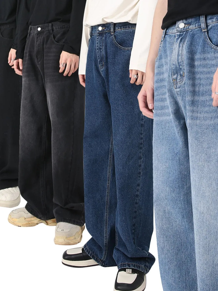 Wide-leg denim jeans in light blue, dark gray, and blue with a relaxed fit.