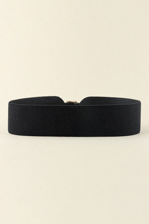 Black elasticated waist belt with gold buckle and sculpted detail