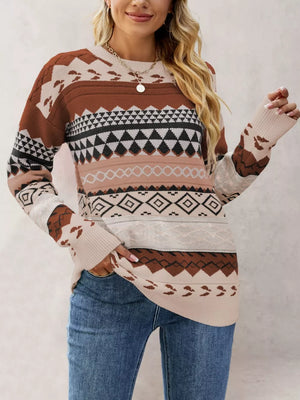 ivory pullover sweater featuring ribbed cuffs and geometric