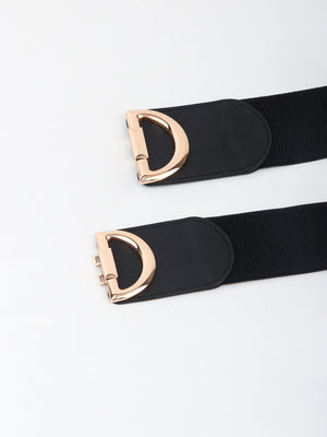 Black elastic belt with a gold double D buckle detail