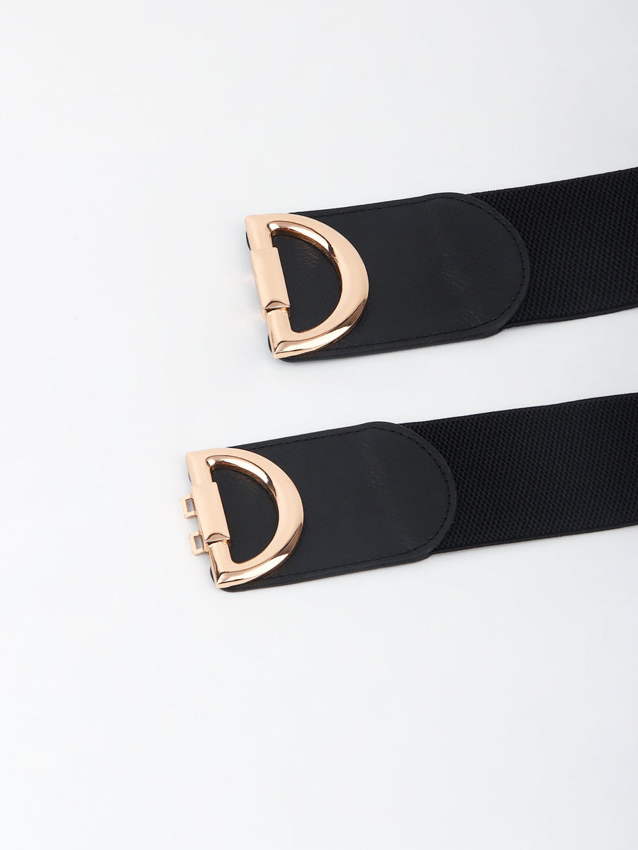 Black elastic belt with a gold double D buckle detail