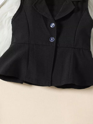 Black sleeveless blazer with peplum hem and two buttons, part of a baby outfit.