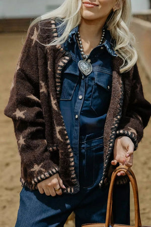 Stars Pattern Colorblock Long Sleeve Cardigan option 4