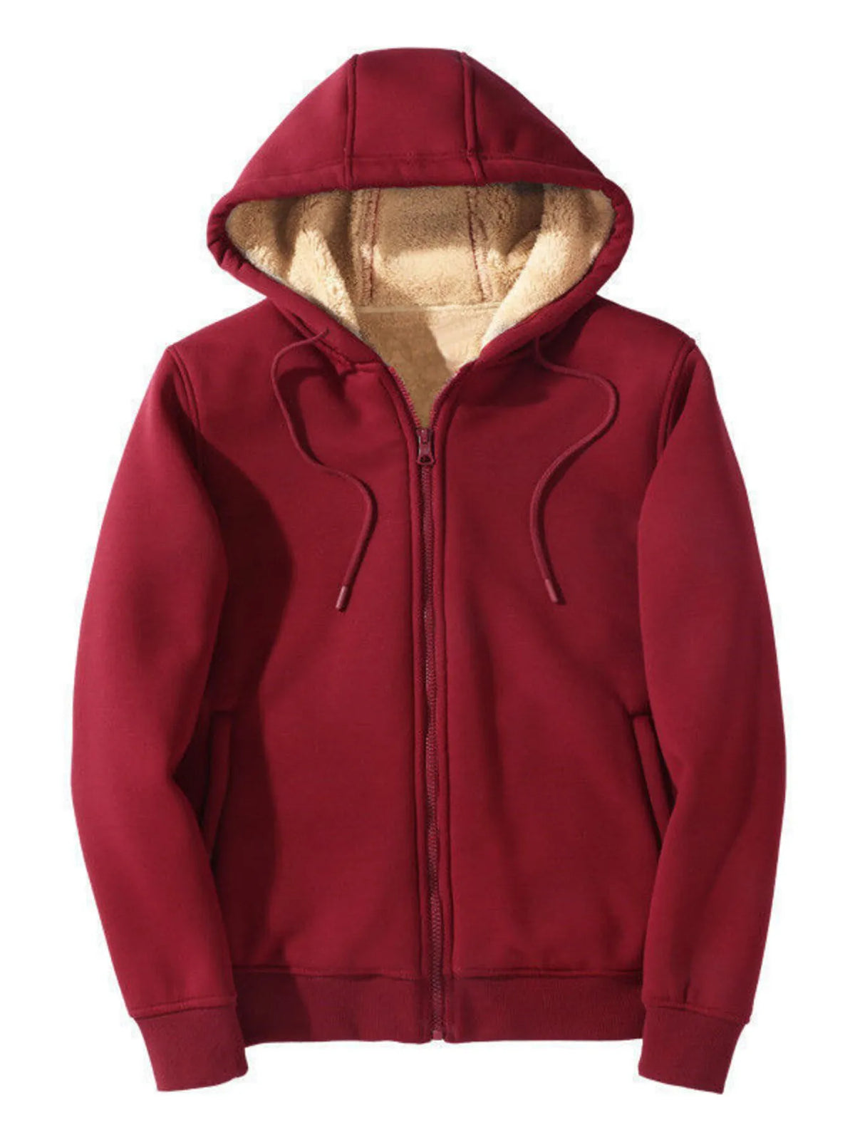 Burgundy sherpa lined zip up hoodie with drawstring hood and front pockets