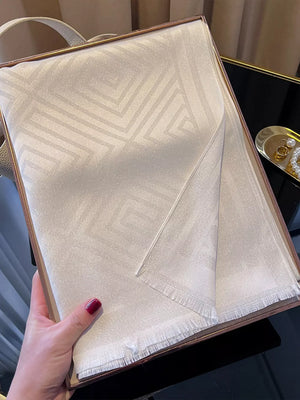 Beige Tencel cotton scarf with geometric pattern and fringe detail