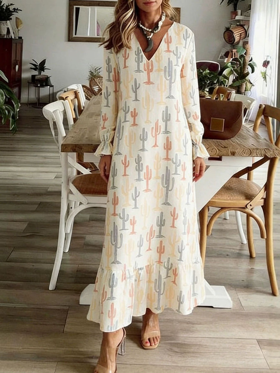 Cream maxi dress with long sleeves and cactus print
